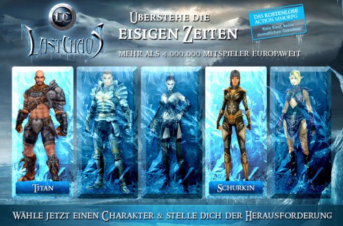 Screenshot of character classes in Last Chaos, showing one male in full armor, one male with exposed abs and legs. One female character wears a full light armor, two are scantily clad in typical Mage or Healer fashion..