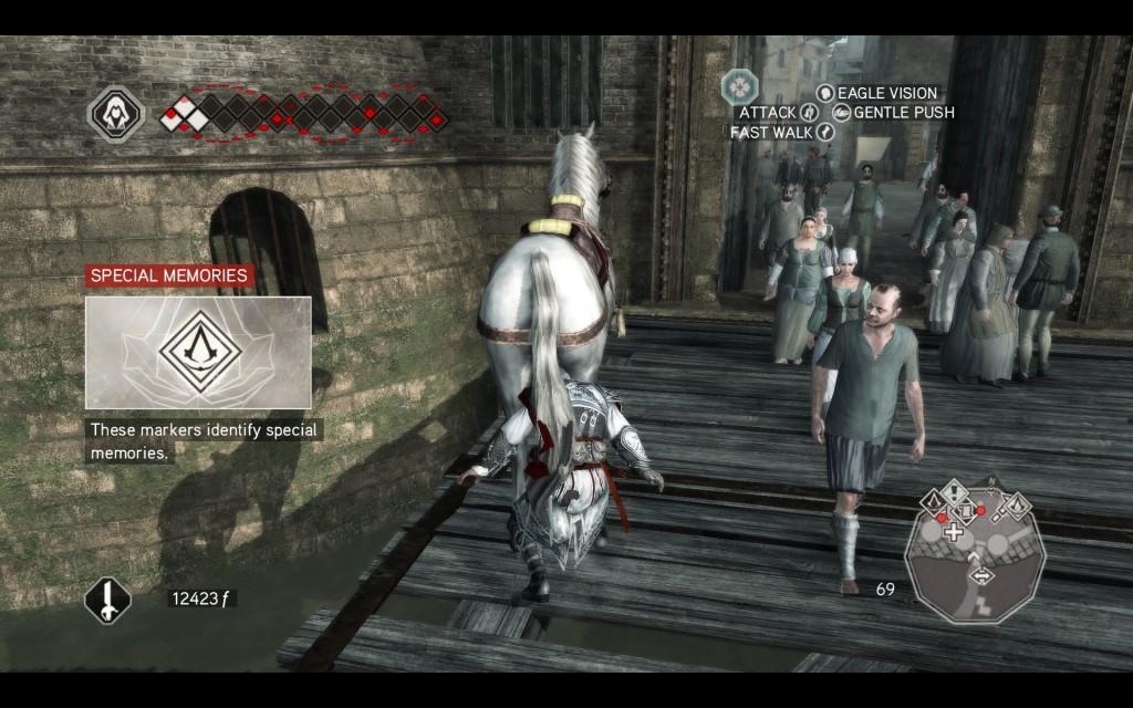 Ezio jumps off his horse, a graphic glitch makes it look like his head is under the horse's tail. The random hint section reads "Special Memories".